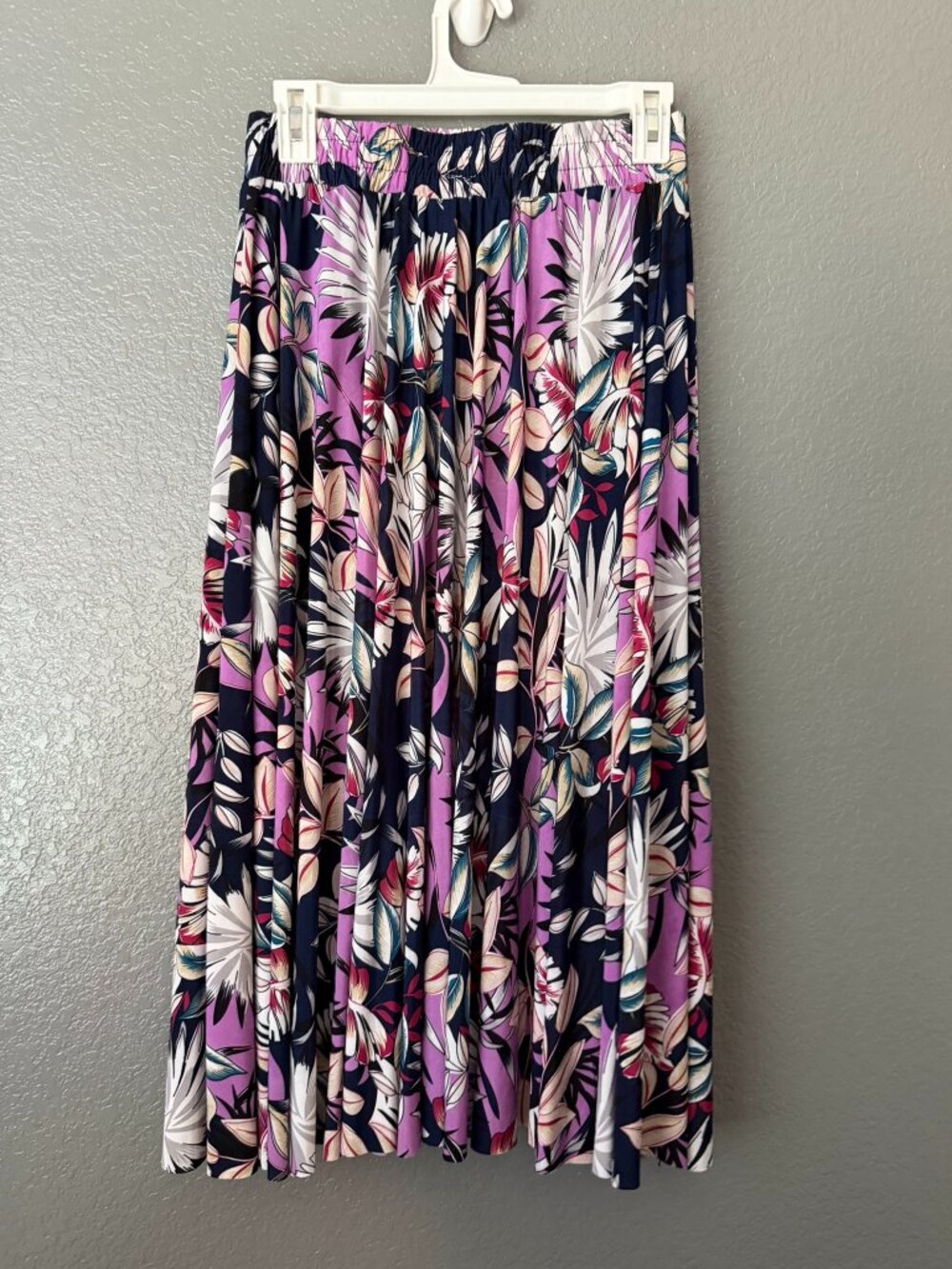 Floral Midi Skirt Purple Navy Tropical Elastic Waist A Line Casual